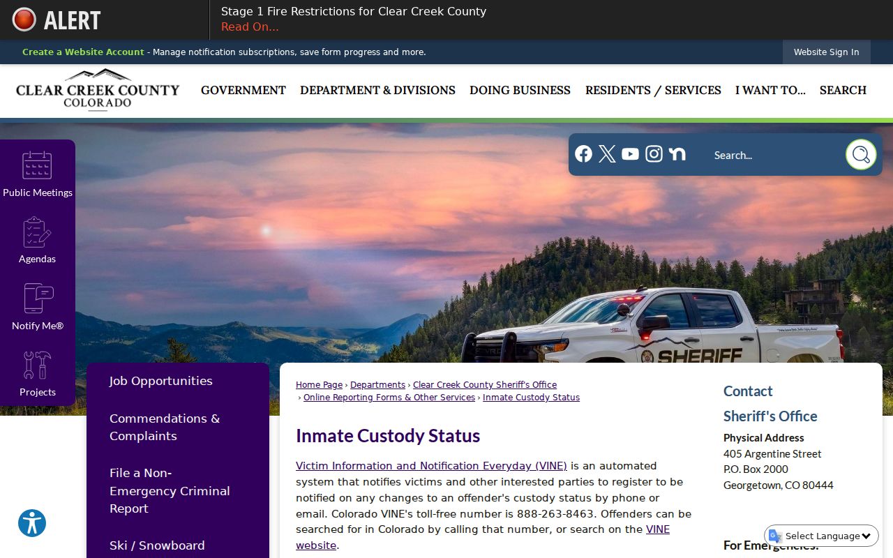 Clear Creek County warrant lookup Colorado VINE custody route