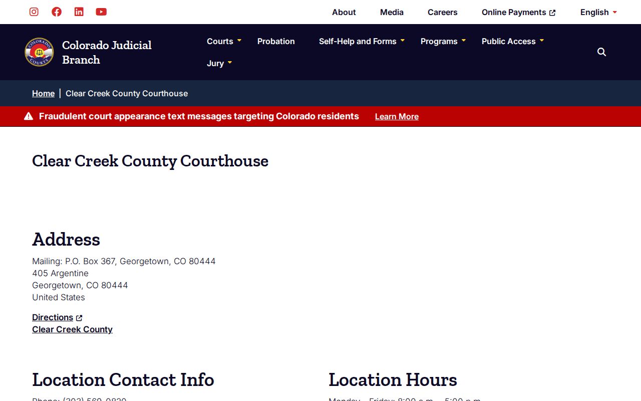 Clear Creek County bench warrant courthouse location details