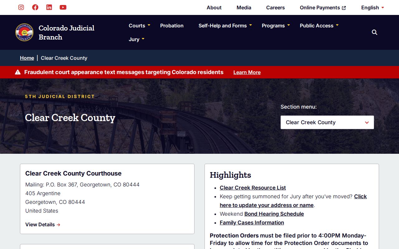 Clear Creek County bench warrant court contact information