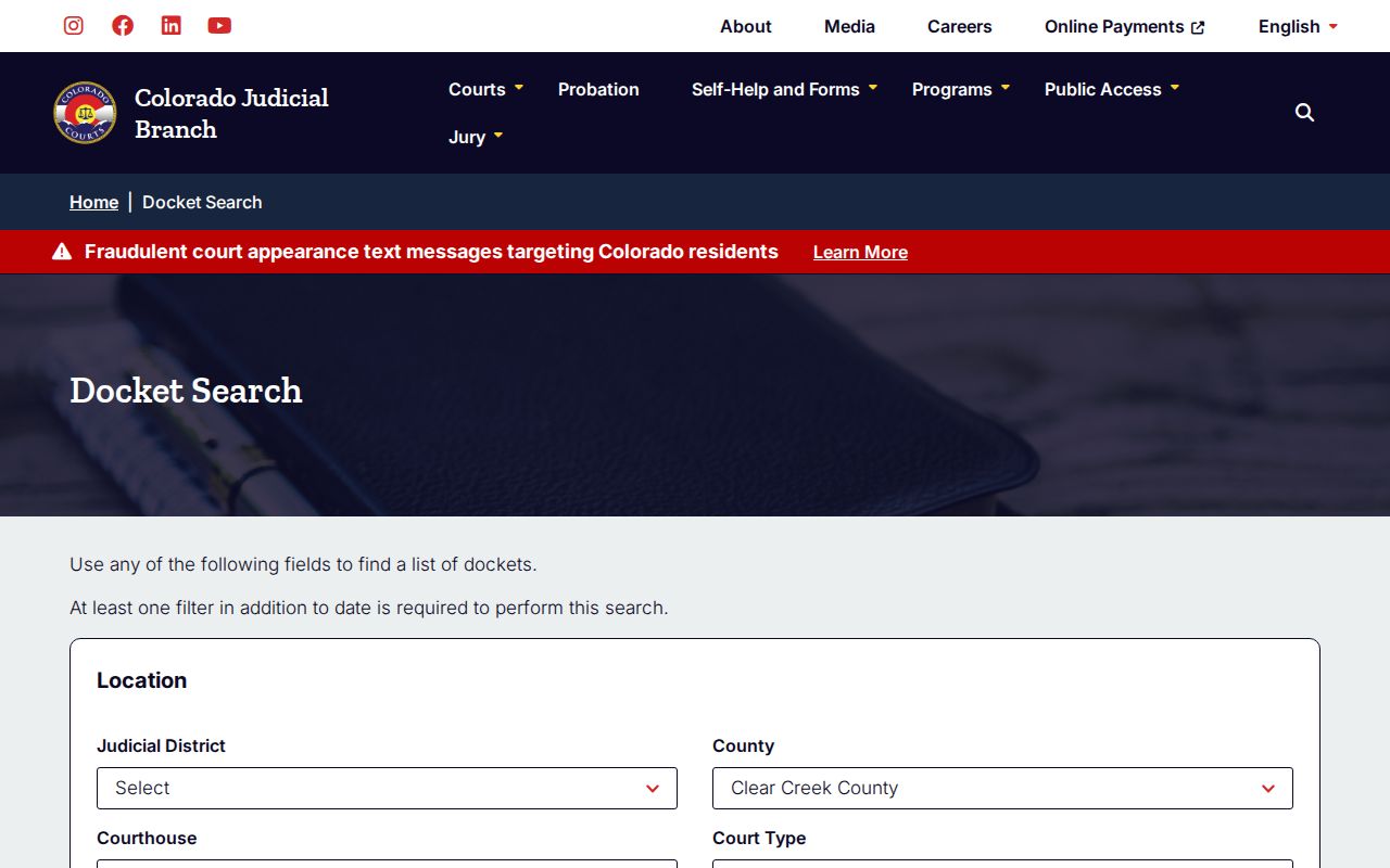 Clear Creek County bench warrant docket search filters
