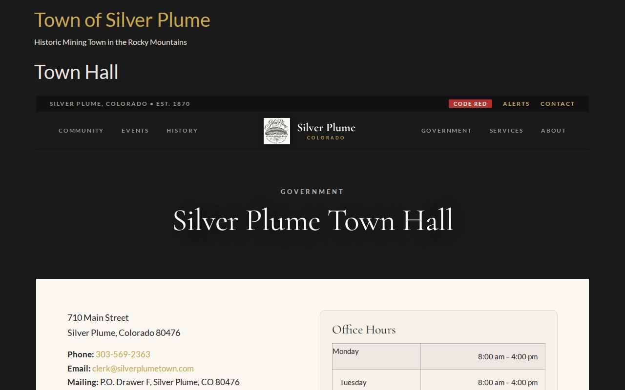 Silver Plume warrant records Town Hall hours and contact