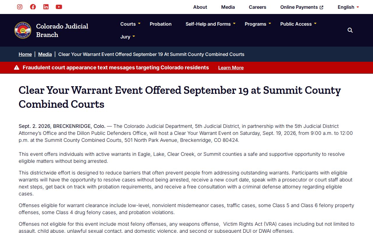 Clear Creek County warrant clearance event announcement