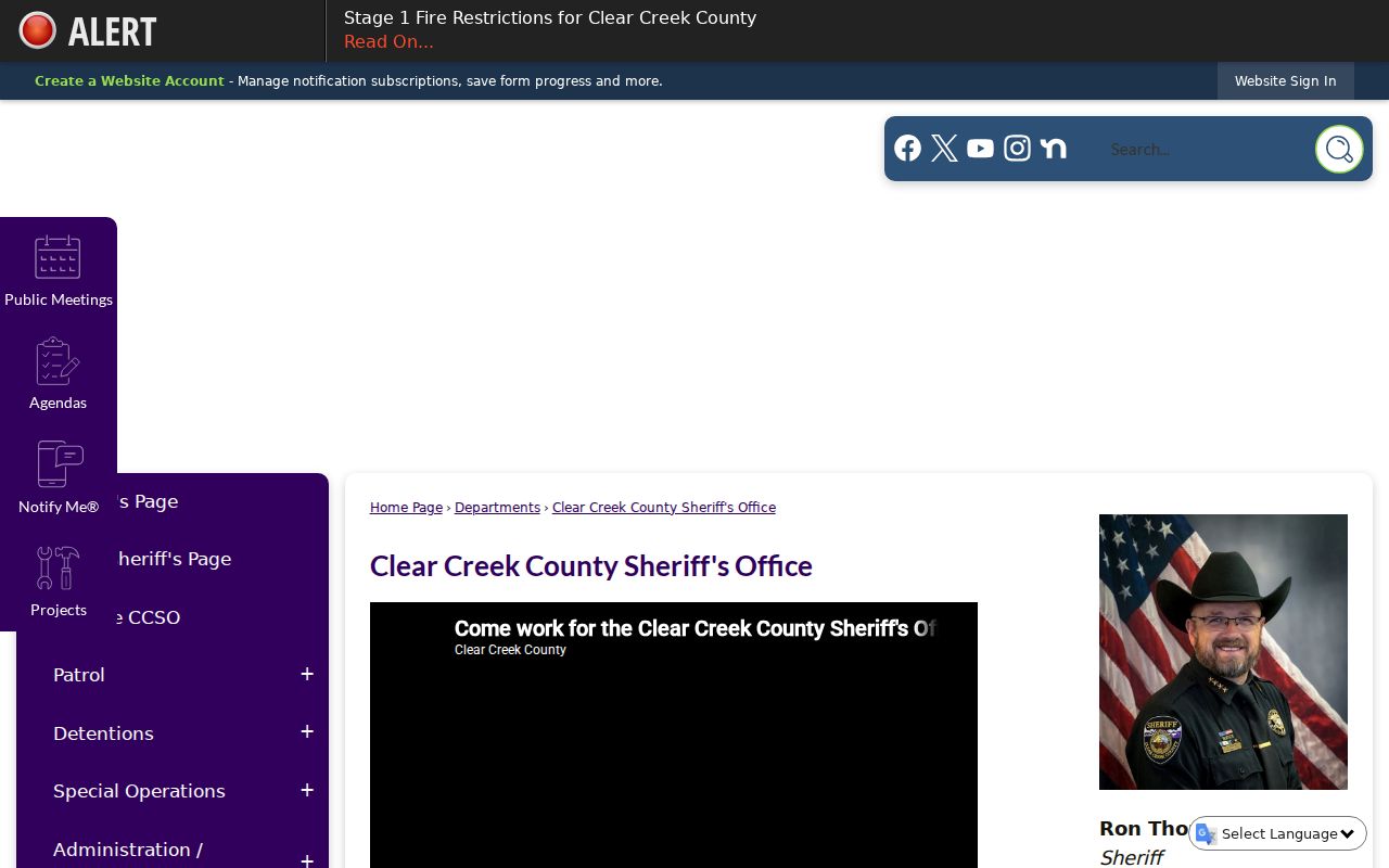 Clear Creek County Sheriff's Office warrant records contact page