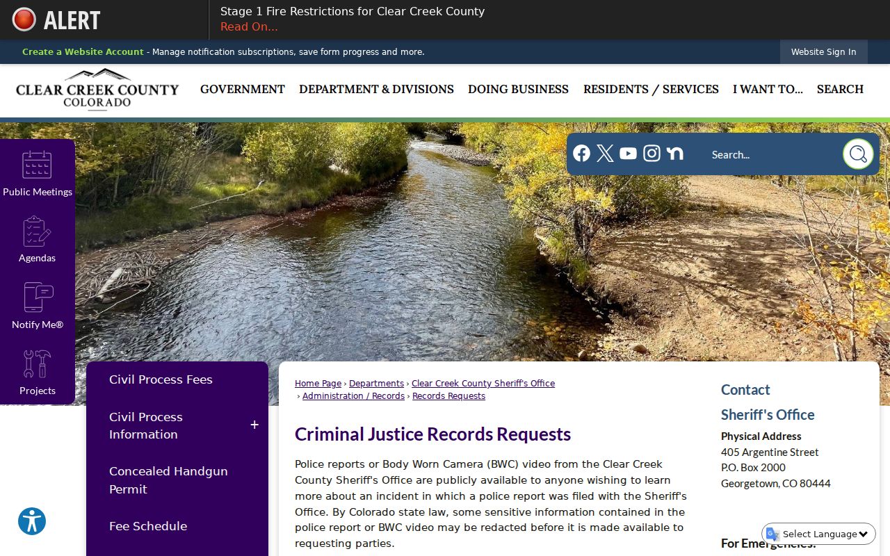 Clear Creek County Sheriff warrant-related records request instructions